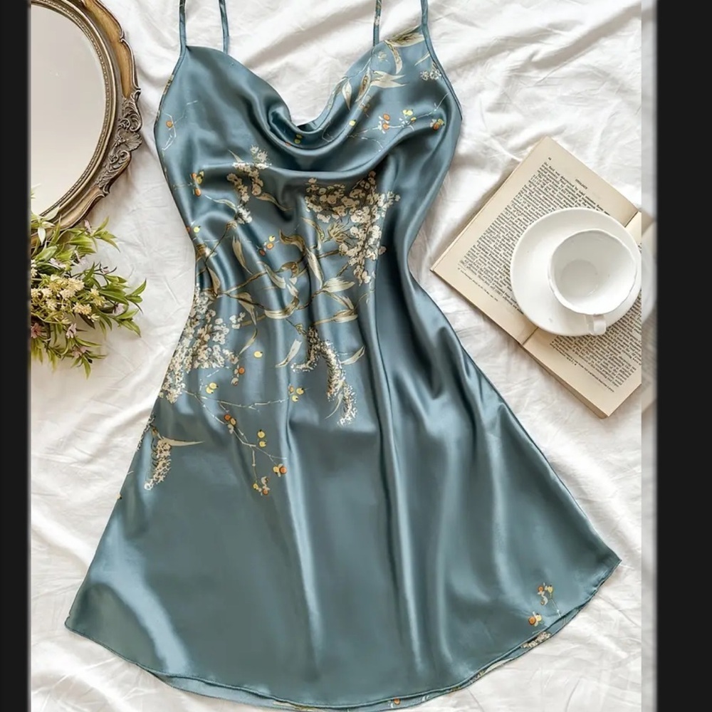 Floral Print Satin Slip Dress Sleepwear Cowl Neck Sz Medium - Picture 1 of 11